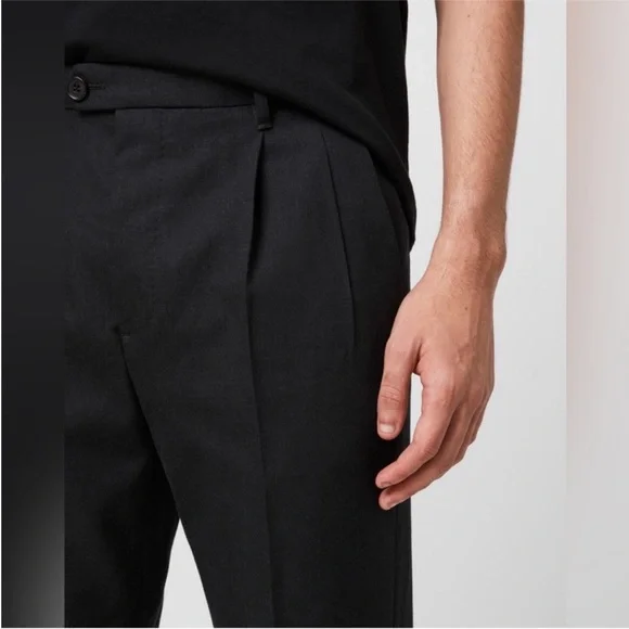 ALLSAINTS MENS TALLIS WOOL PANTS CHARCOAL BLACK CROPPED PLEATED POCKETS 32